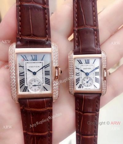 Copy Cartier Tank Anglaise Quartz Watches Rose Gold Leather Band